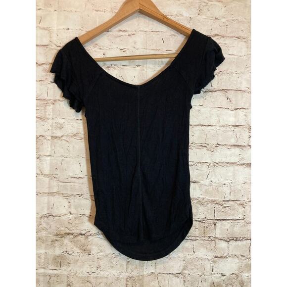 Free People Top Womens Small Black Raw Hem Ruffle Ribbed Whimsy Goth Stretch - Picture 11 of 13